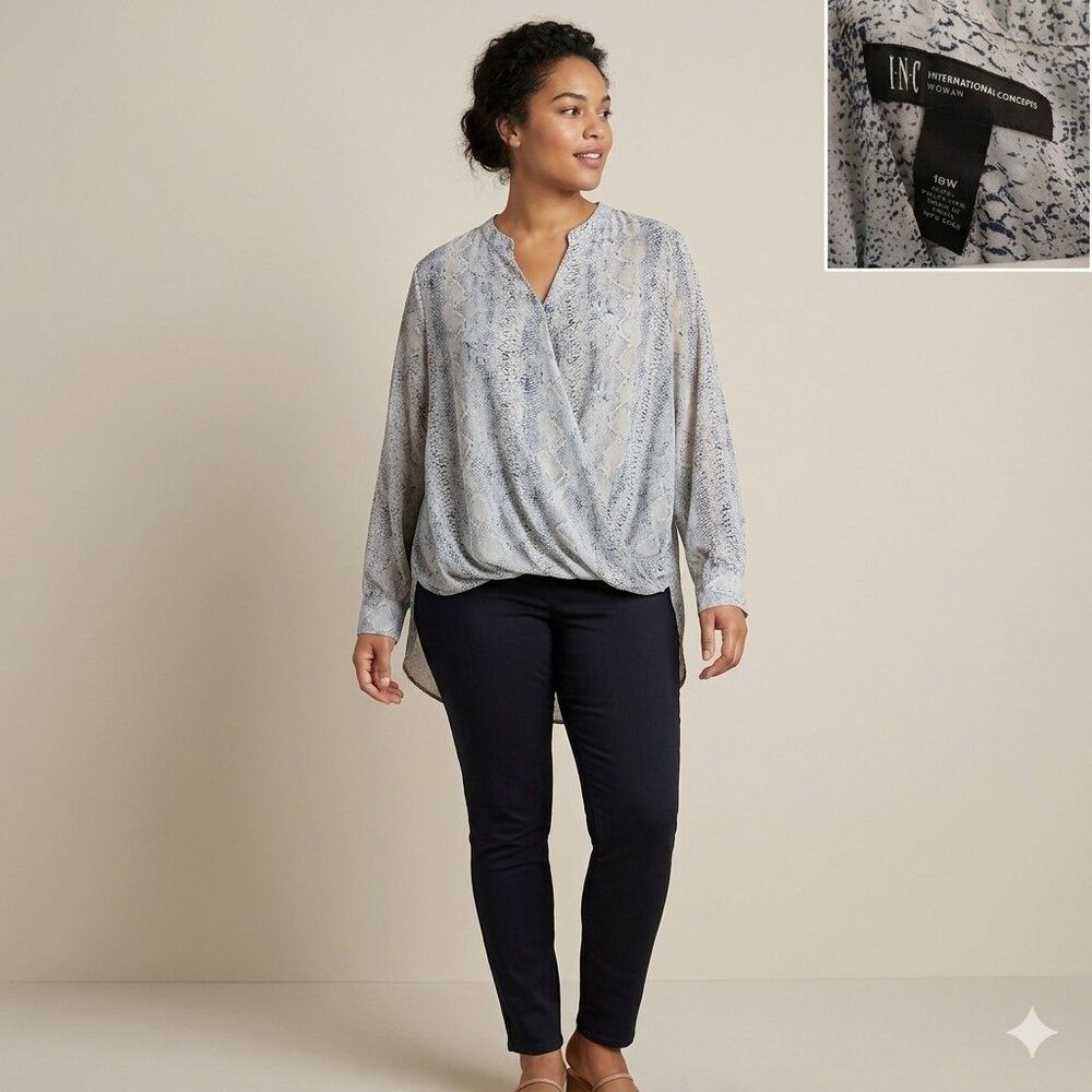 INC International Concepts Snakeskin Faux Wrap Blouse Gray Blue Plus Size 18W